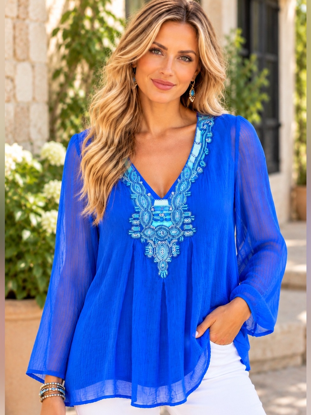 Soft Surroundings Royal Blue Embellished V-Neck Tunic